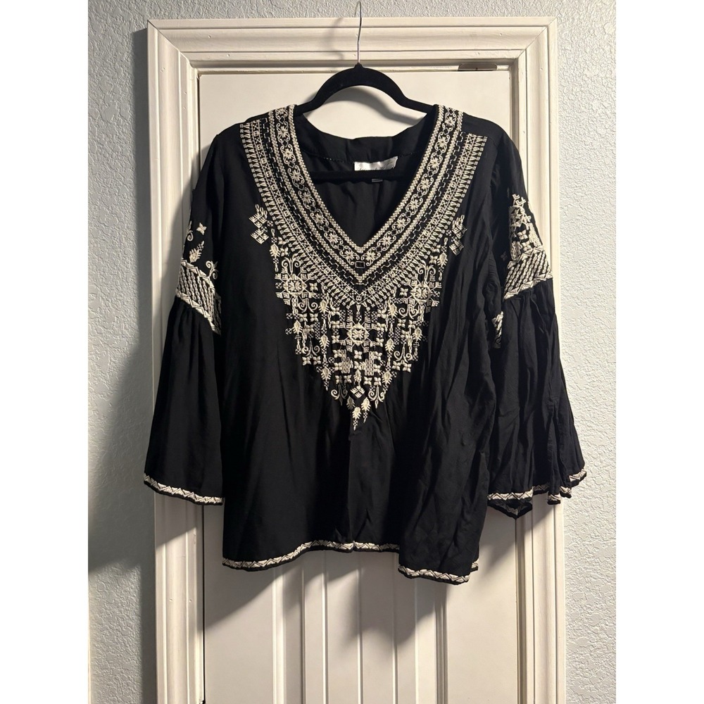 Chelsea & Theodore Blouse Women XL Black Embroidered Boho Bell Sleeve V-Neck